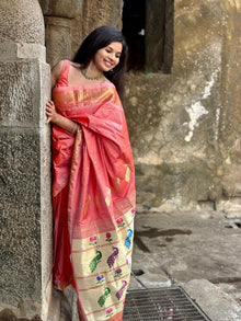  Tyohaar ~ Handloom Pure Silk Paithani Saree with Traditional Peacock Lotus Pallu ~  Peachish Orange