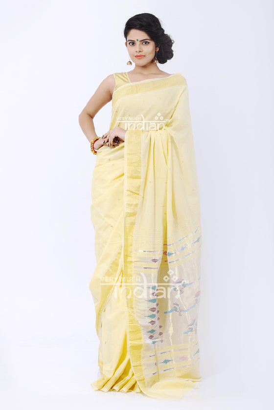 Cotton Paithani Handloom Exclusive (Lemon Yellow) - High Quality Cotton and Detailed Weaving