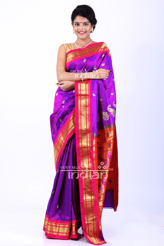 Traditional Yeola Handloom Pure Silk Paithani With Rich 30+ Peacocks Pallu