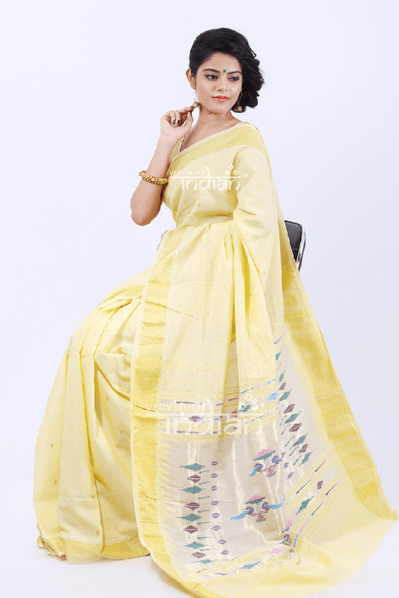 Cotton Paithani Handloom Exclusive (Lemon Yellow) - High Quality Cotton and Detailed Weaving