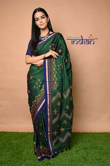  Traditional Khun Saree - Cotton Resham Authentic Handwoven, Bottle Green Weave with Kashida work - Blue Border