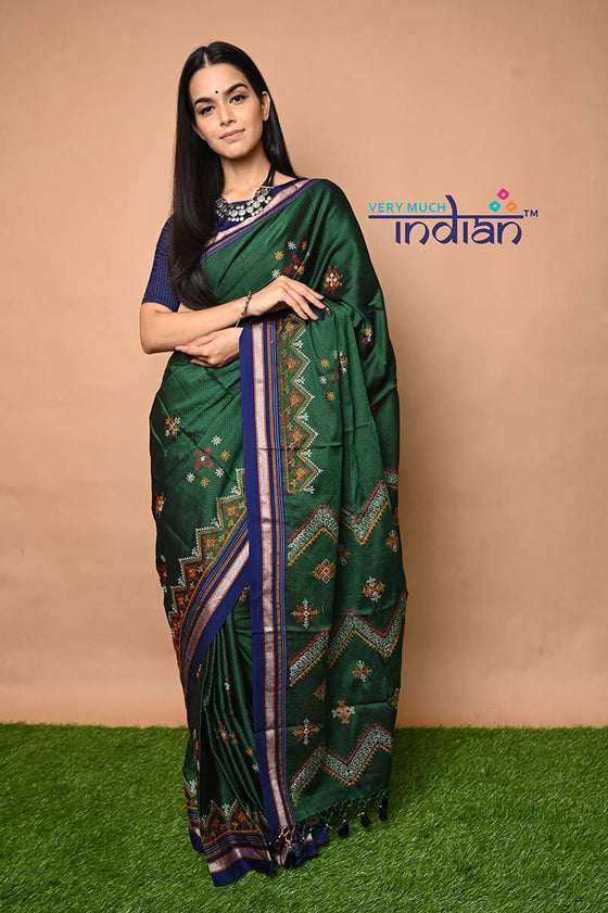 Traditional Khun Saree - Cotton Resham Authentic Handwoven, Bottle Green Weave with Kashida work - Blue Border