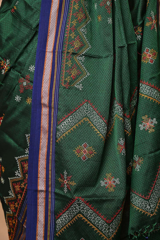 Traditional Khun Saree - Cotton Resham Authentic Handwoven, Bottle Green Weave with Kashida work - Blue Border