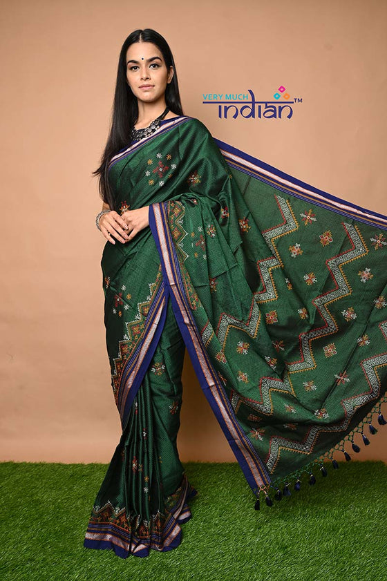 Traditional Khun Saree - Cotton Resham Authentic Handwoven, Bottle Green Weave with Kashida work - Blue Border