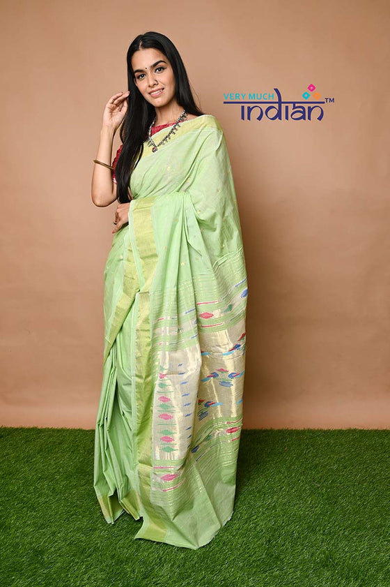 Cottton Paithani - Handloom Fresh Pista Green Paithani with Traditional Double Pallu