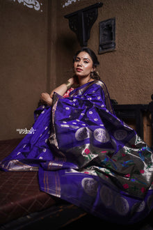  Rajsi~ Authentic Pure Silk Handloom Maharani Paithani - Deep Indigo Blue with Silver Zari, High Quality Silk