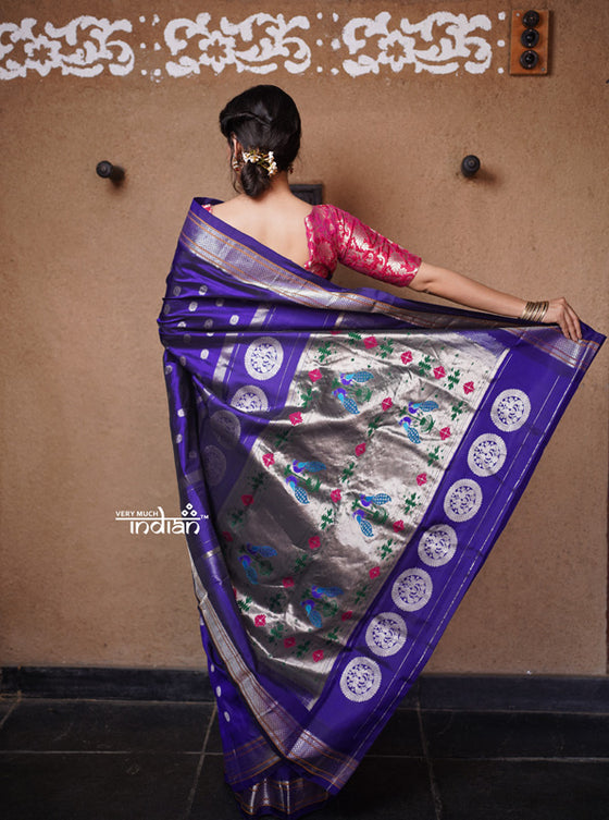 Rajsi~ Authentic Pure Silk Handloom Maharani Paithani - Deep Indigo Blue with Silver Zari, High Quality Silk