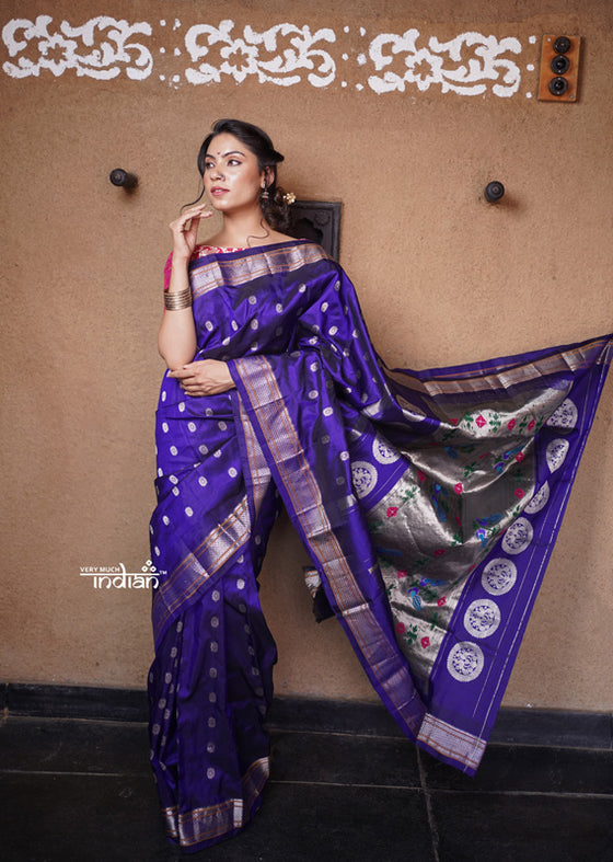 Rajsi~ Authentic Pure Silk Handloom Maharani Paithani - Deep Indigo Blue with Silver Zari, High Quality Silk