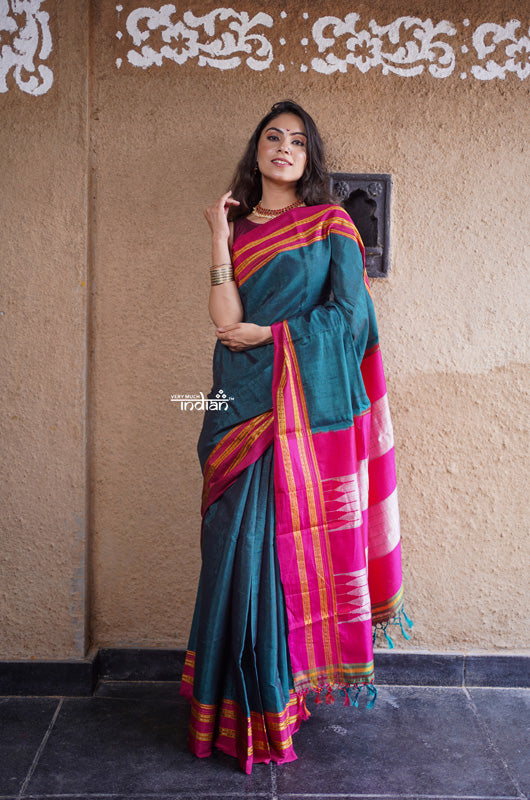 Buy Bright Green with Pink Border Handloom Cotton Viscose Ilkal Saree with  Pure Resham Pallu – verymuchindian.com