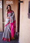 Handloom Cotton Viscose Ilkal Saree with Pure Resham Pallu - Grey with Pink Border