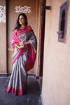 Handloom Cotton Viscose Ilkal Saree with Pure Resham Pallu - Grey with Pink Border