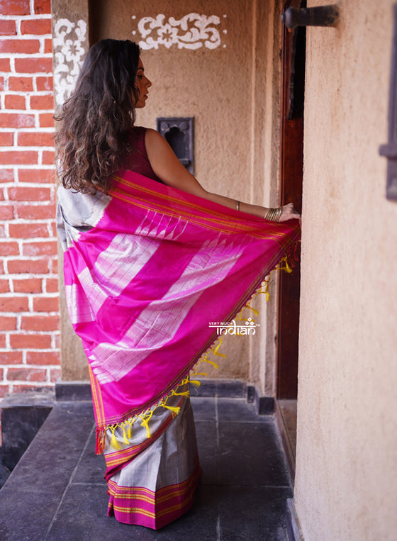 Handloom Cotton Viscose Ilkal Saree with Pure Resham Pallu - Grey with Pink Border