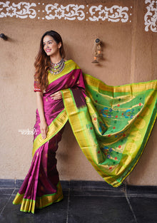  Rajsi~ Authentic Pure Silk Handloom Maharani Paithani - Wine and Bright Green with Peacock Buttis and Meena Work, High Quality Silk