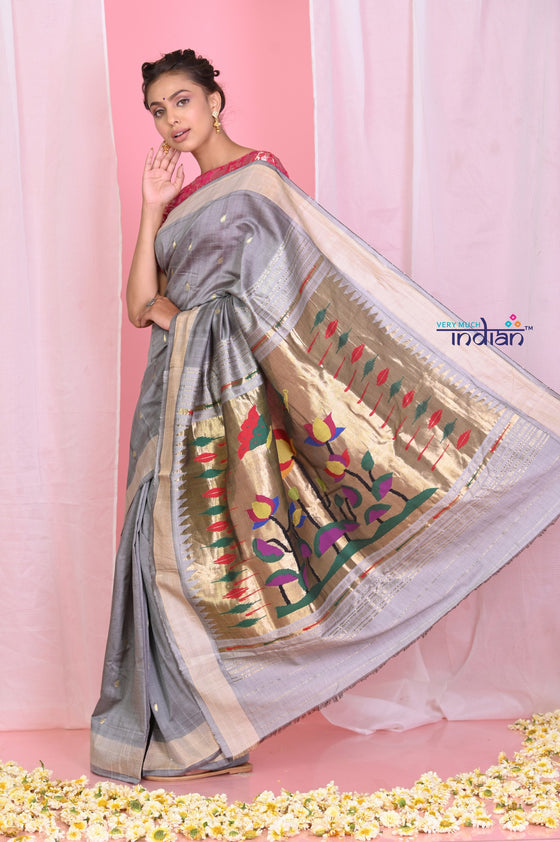 Pehal~ Traditional SilverStone Cotton Paithani Saree with Authentic Floral Pallu