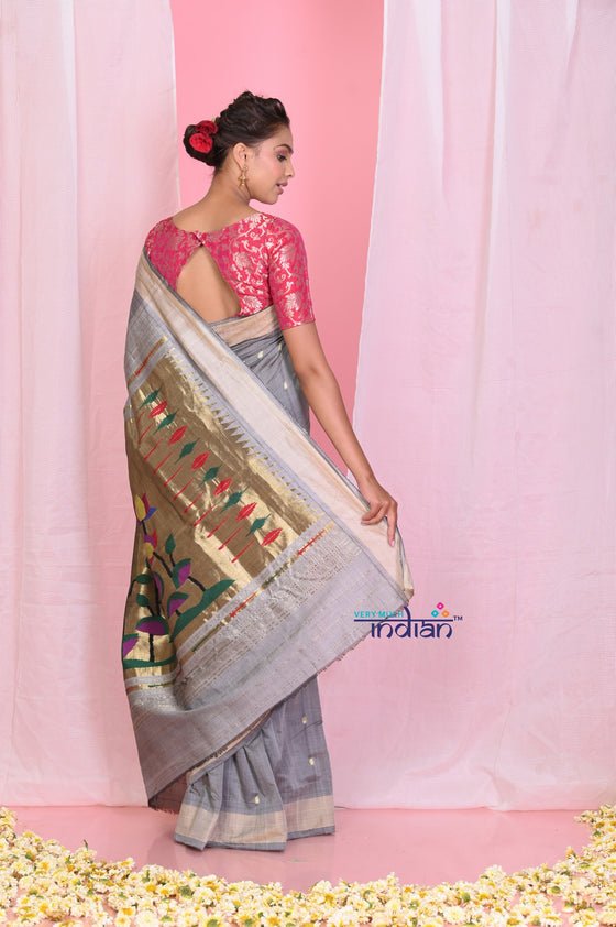 Pehal~ Traditional SilverStone Cotton Paithani Saree with Authentic Floral Pallu