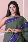 Traditional Patteda Anchu Ilkal Handloom Saree~ Cast Green With Solid Purple Border