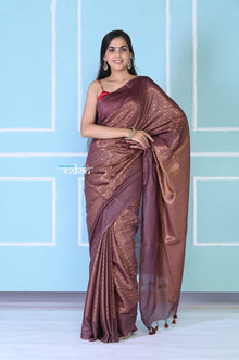  Exquisite Copper Brown Cotton Viscose Saree With Beautiful Brocade Zari Work.