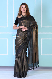  Exquisite Copper Black Cotton Viscose Saree With Beautiful Brocade Zari Work.