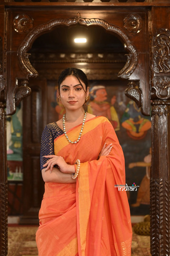 Buy Authentic Handloom Pure Cotton Paithani with Handcrafted Asawali Pallu~  Orange Shade - Very Much Indian – verymuchindian.com
