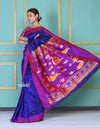 SUPER EXCLUSIVE! Handloom Pure Silk Dark Violet Muniya Border Paithani With Gorgeous Swan Pallu