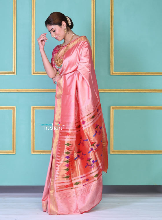 EXCLUSIVE! Traditional Pretty Peach Pure Silk Double Pallu Paithani With Designer Peacocks Pallu (By Govt Certified Weavers)