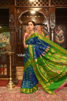  ROYAL WEAVE! Authentic Pure Silk Handloom Maharani Paithani - Peacock Blue with Green