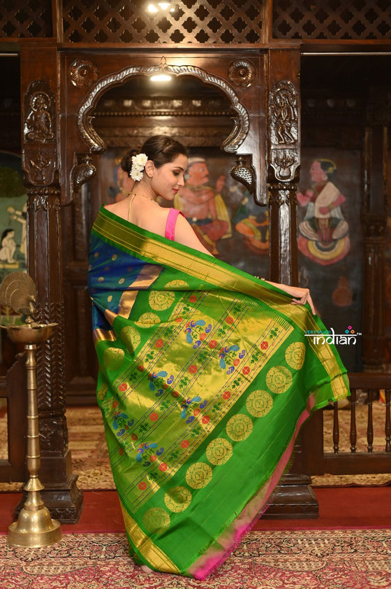 ROYAL WEAVE! Authentic Pure Silk Handloom Maharani Paithani - Peacock Blue with Green