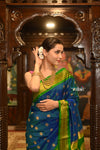 ROYAL WEAVE! Authentic Pure Silk Handloom Maharani Paithani - Peacock Blue with Green