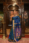 ROYAL WEAVE! Authentic Pure Silk Handloom Peacock Blue Dual Tone Maharani Paithani With Exclusive Maharani Pallu