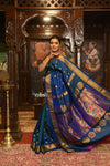 ROYAL WEAVE! Authentic Pure Silk Handloom Peacock Blue Dual Tone Maharani Paithani With Exclusive Maharani Pallu