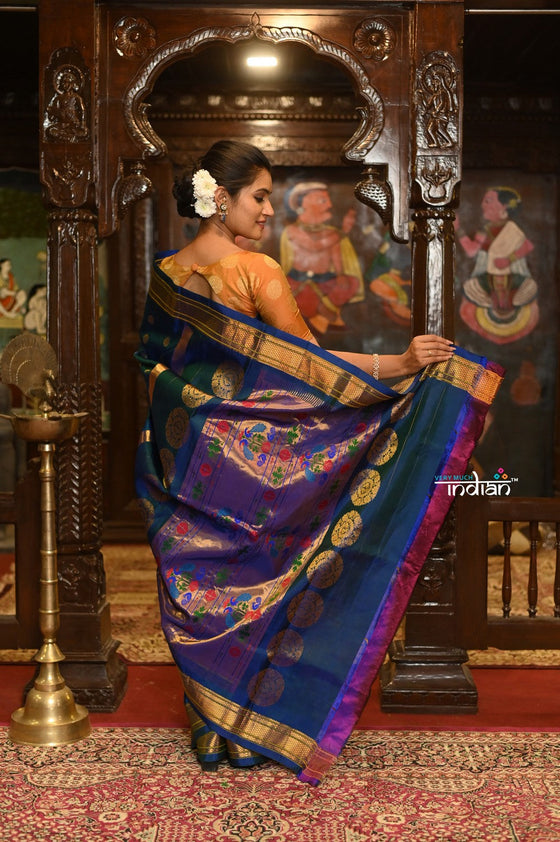 ROYAL WEAVE! Authentic Pure Silk Handloom Peacock Blue Dual Tone Maharani Paithani With Exclusive Maharani Pallu