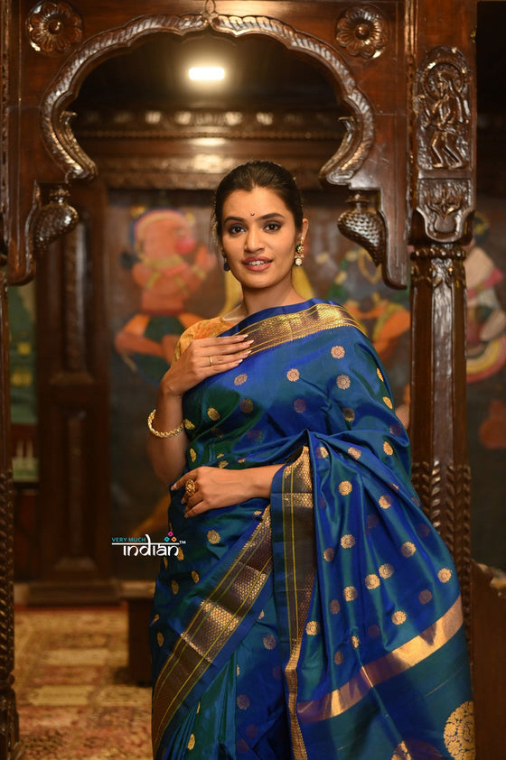 ROYAL WEAVE! Authentic Pure Silk Handloom Peacock Blue Dual Tone Maharani Paithani With Exclusive Maharani Pallu