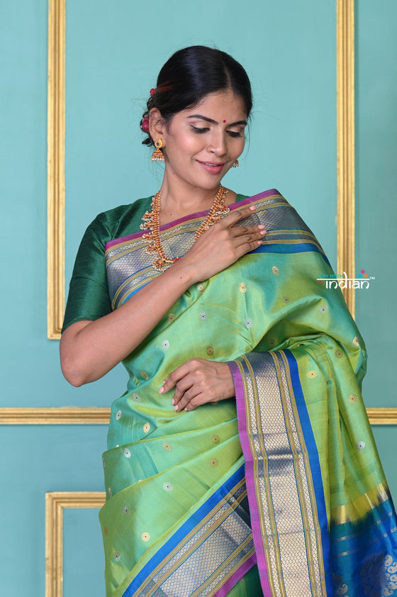 ROYAL WEAVE!Authentic Pure Silk Handloom Sea Green Meenawork Maharani Paithani with exclusive Peacock Pallu.