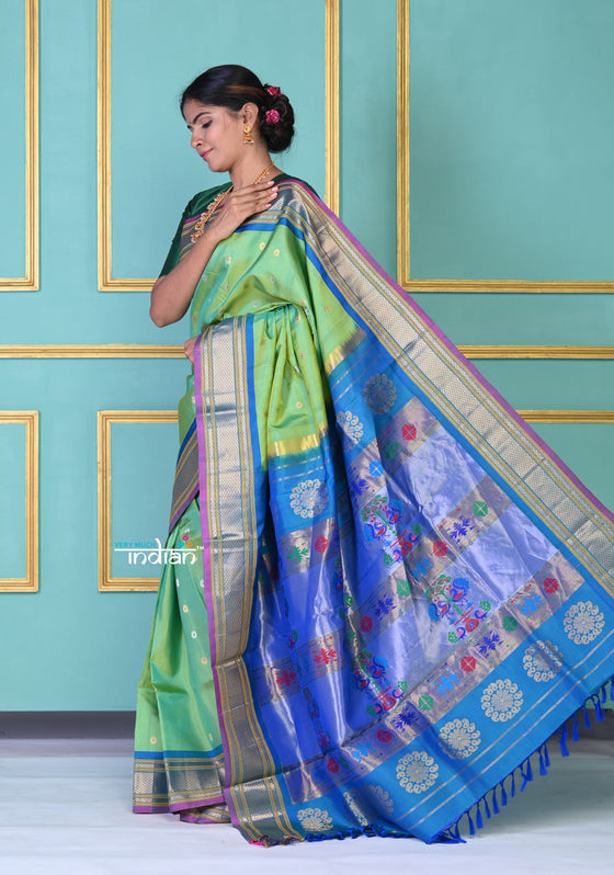 ROYAL WEAVE!Authentic Pure Silk Handloom Sea Green Meenawork Maharani Paithani with exclusive Peacock Pallu.