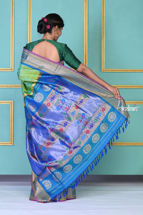 ROYAL WEAVE!Authentic Pure Silk Handloom Sea Green Meenawork Maharani Paithani with exclusive Peacock Pallu.