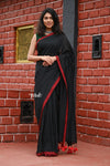 Saadgi ~Pure Cotton Handloom Sarees with Intricate Borders ~ Black