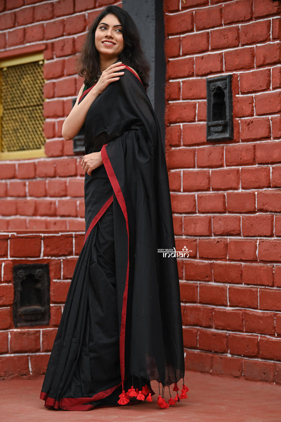 Saadgi ~Pure Cotton Handloom Sarees with Intricate Borders ~ Black