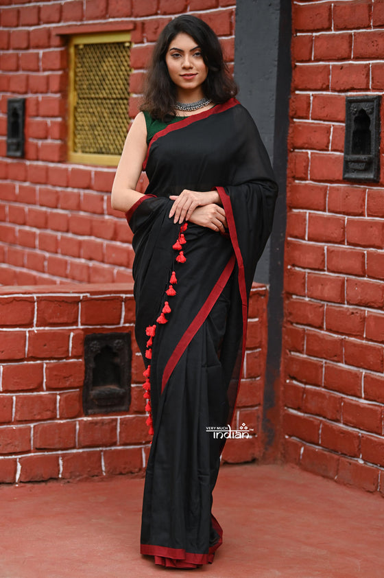 Saadgi ~Pure Cotton Handloom Sarees with Intricate Borders ~ Black