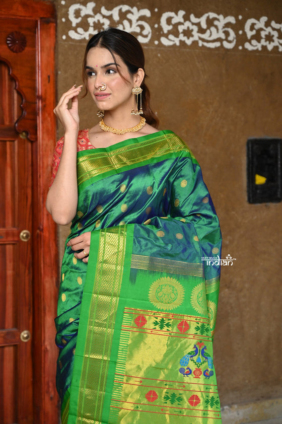 Rajsi~ Pure Silk Handloom - Maharani Paithani in Dual Tone Blue Green with Rich Lime Green Silk Border