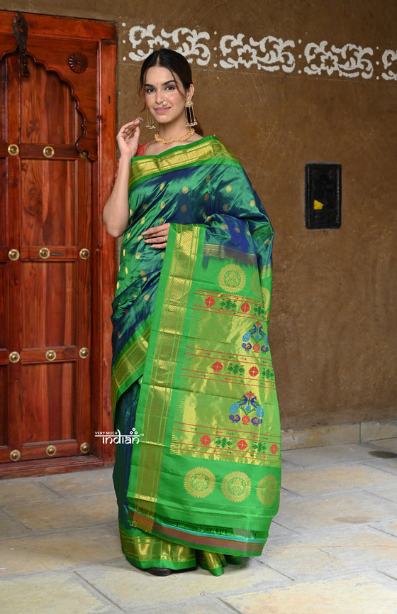 Rajsi~ Pure Silk Handloom - Maharani Paithani in Dual Tone Blue Green with Rich Lime Green Silk Border