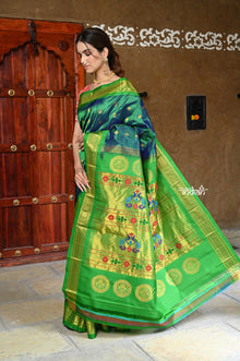  Rajsi~ Pure Silk Handloom - Maharani Paithani in Dual Tone Blue Green with Rich Lime Green Silk Border