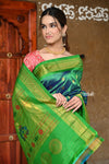 Rajsi~ Pure Silk Handloom - Maharani Paithani in Dual Tone Blue Green with Rich Lime Green Silk Border