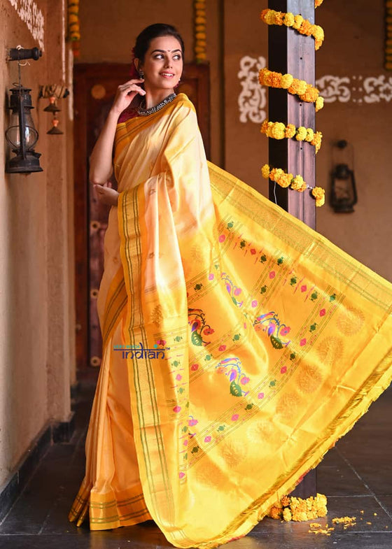 Best Seller Rajsi~ Pure Silk Handloom - Maharani Paithani in Deep Yellow with Bright Yellow Border