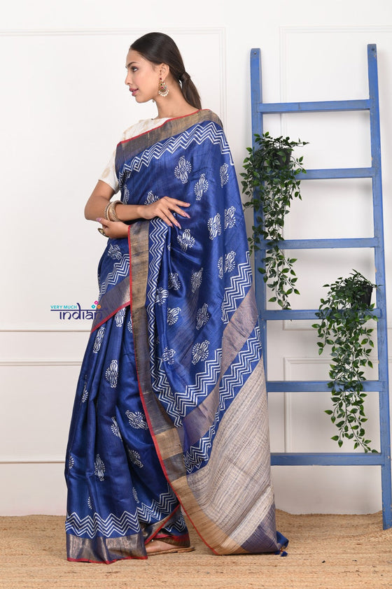 EXCLUSIVE! Handloom Desi Tussar Silk Royal Blue Saree With HandBlock Print