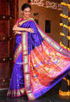 Mayur ~ Authentic Traditional Handloom Pure Silk Paithani in a combination of Royal Blue and Orange.