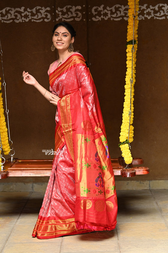 Rajsi~ Pure Silk Handloom - Maharani Paithani in that Bright Red with Silver and Golden Zari, High Quality Pure Silk