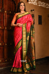 Shop Pure Silk Handloom - Maharani Paithani Bright Pink color with a broad Forest Green Border and Golden Motifs