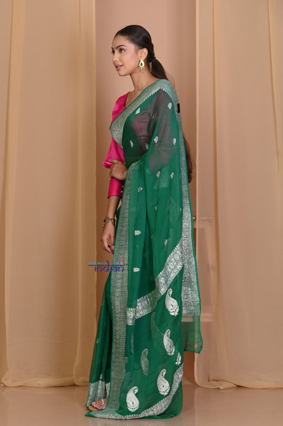 Pehal~ EXCLUSIVE! Pine Green Khaddi Georegette Saree