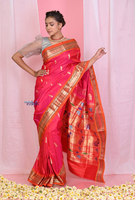 Pehal~Traditional Peach Pink Pure Silk Paithani with Orange Border & Traditional 30 Peacock Pallu (By Govt Certified Weavers)