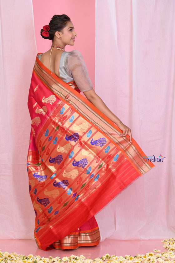 Pehal~Traditional Peach Pink Pure Silk Paithani with Orange Border & Traditional 30 Peacock Pallu (By Govt Certified Weavers)